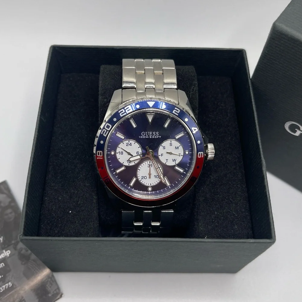 Guess Waterpro Men's Silver Tone Multifunction Watch U1107G2 Red Blue